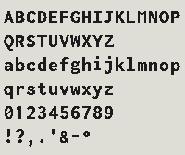 Inconsolata as it appears on Beach Face, at 22 pixels and weight 850 in pure black and white: the alphabet in capitals and lowercase, the digits, and the punctuation the phrases can use, each letter in an evenly spaced slot