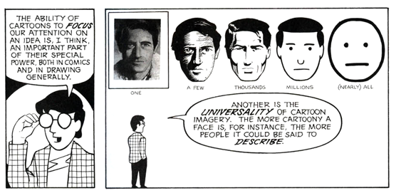 Two panels from Understanding Comics. Scott McCloud’s cartoon self talks about how cartoons focus attention, then a row of faces runs from a photograph labelled ONE, through increasingly simple drawings labelled A FEW, THOUSANDS and MILLIONS, to a plain circle with two dots and a line labelled (NEARLY) ALL