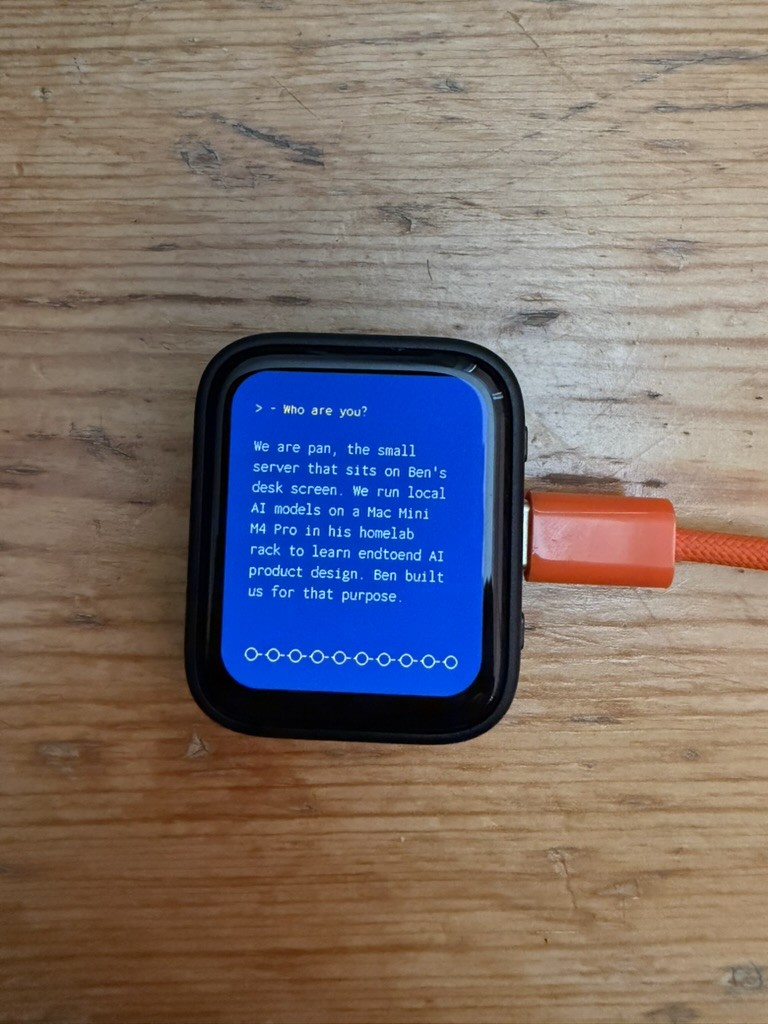 The board on a wooden desk with an orange cable plugged into its side. On screen, the question “Who are you?” and Pan’s reply, beginning “We are pan”