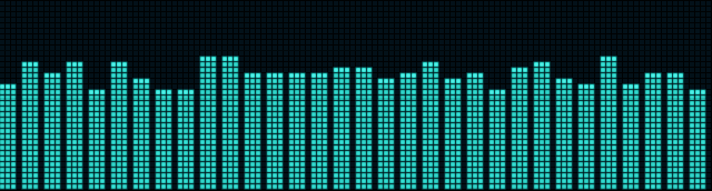 Pan, listen: 32 bars of dots rising and falling with the music, each with a peak dot that hangs and then drops